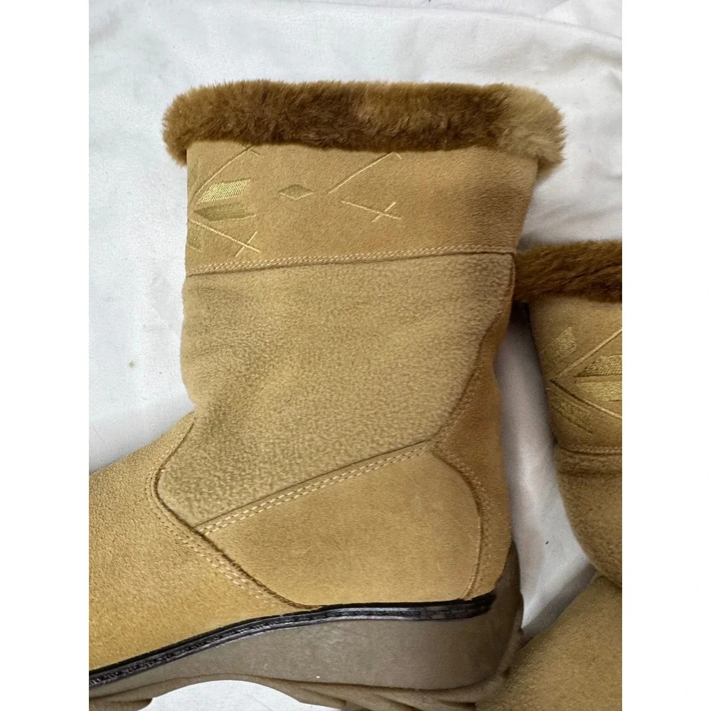 Sports Polartec Tan Suede Winter Boots Faux Fur Trim Embroidered Mid Calf Women